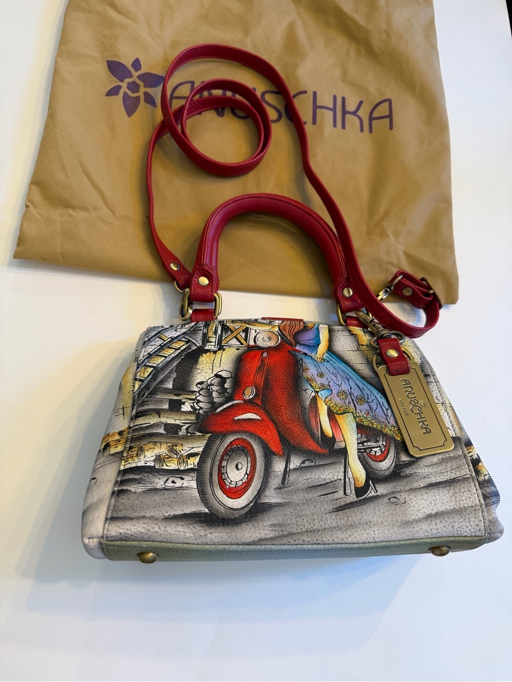 Anuschka Hand Painted Satchel
Multicolor Red Handles W. Detachable
Strap